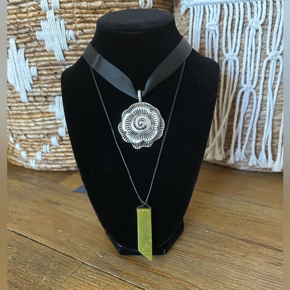 Urban Outfitters Bundle of two, a Silver Rosette and Green Stone Pendant Chokers